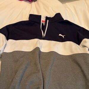 Puma Men's Zip-Up Sweater in Navy, White, and Gray